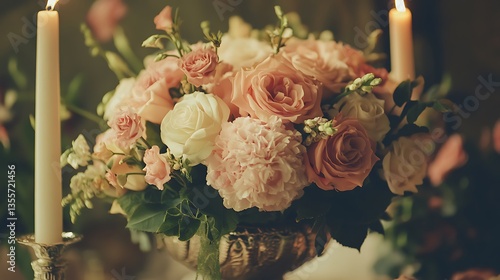A beautifully arranged bouquet of roses and flowers with candles