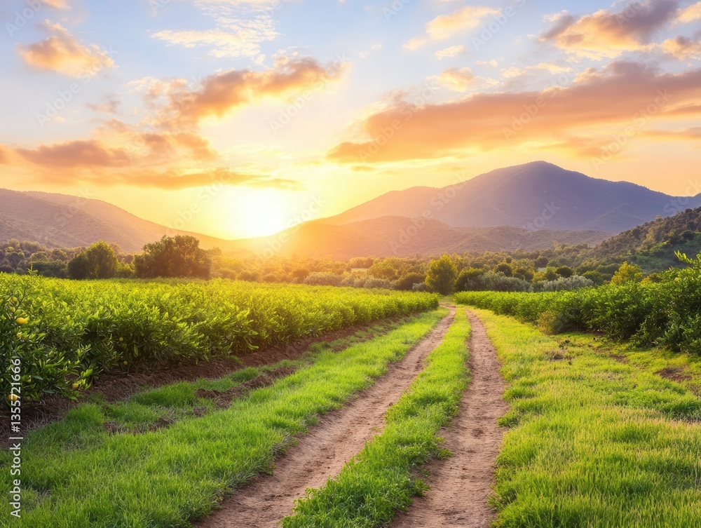 Fototapeta premium Serene sunset over rural landscape.