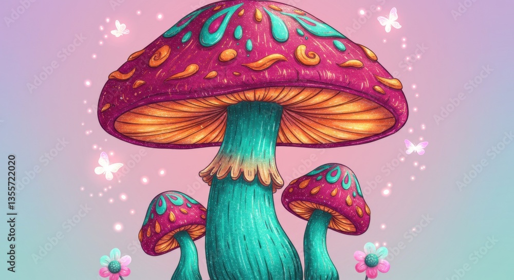 Magical Fantasy Mushrooms Illustration with Butterflies Magical Fantasy Mushrooms Illustration with Butterflies