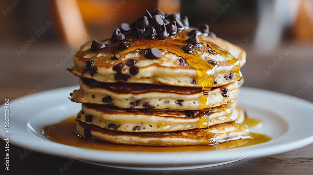 Delicious Stack of Chocolate Chip Pancakes Drizzled with Syrup Delicious Stack of Chocolate Chip Pancakes Drizzled with Syrup