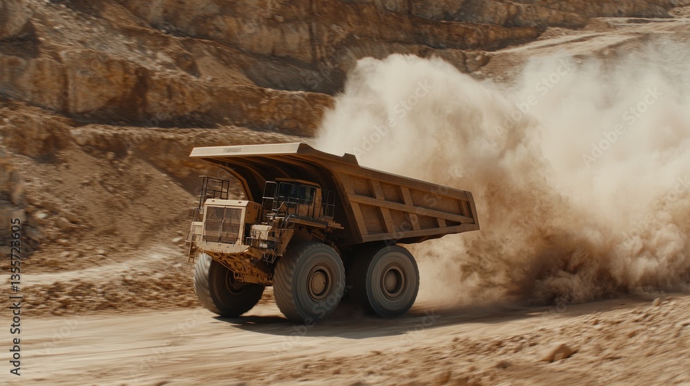 Massive dump truck in action quarry site heavy machinery dusty environment close-up perspective construction operations Massive dump truck in action quarry site heavy machinery dusty environment close-up perspective construction operations