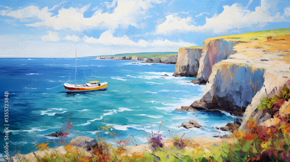 Fototapeta premium cliff by the sea ships in the distance landscape oil painting abstract decorative painting