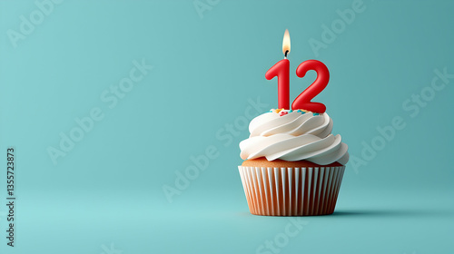 Red Number Twelve Candle on a White Frosted Cupcake Against a Teal Background