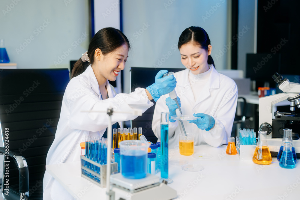 Two Asian female scientists in a high-tech lab analyzing biochemical samples, using micro pipettes, Two Asian female scientists in a high-tech lab analyzing biochemical samples, using micro pipettes,