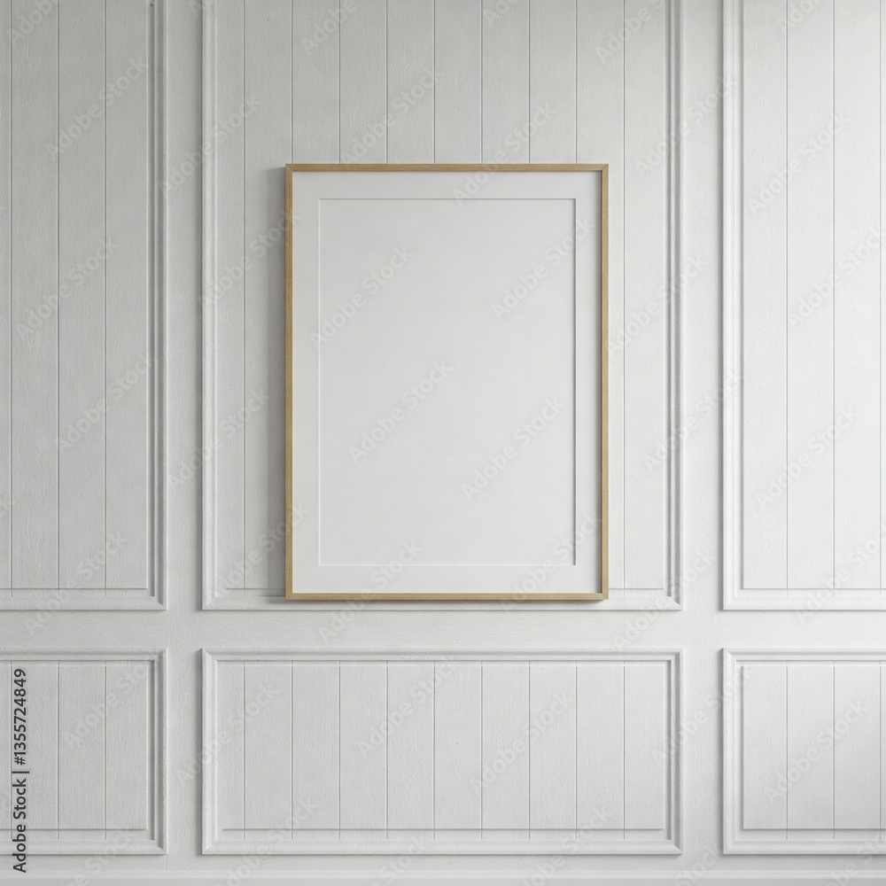 Empty frame mock-up on a classic white paneled wall Empty frame mock-up on a classic white paneled wall