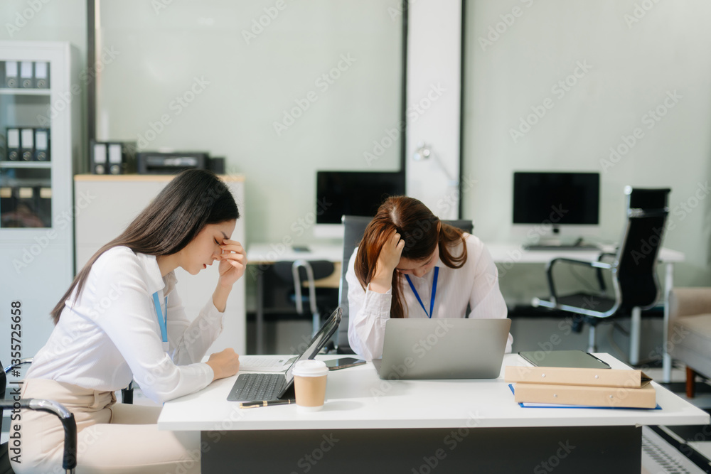 Furious two Asian businesspeople arguing strongly after making a mistake at work Furious two Asian businesspeople arguing strongly after making a mistake at work