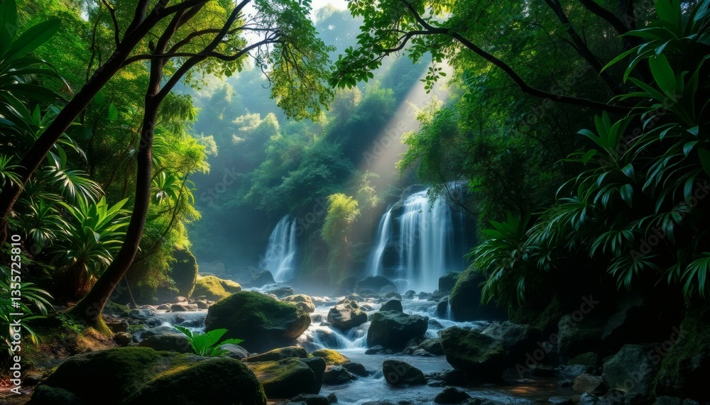 Fototapeta premium Tranquil Waterfall Scene in Lush Green Forest with Sunlight and Mossy Rocks