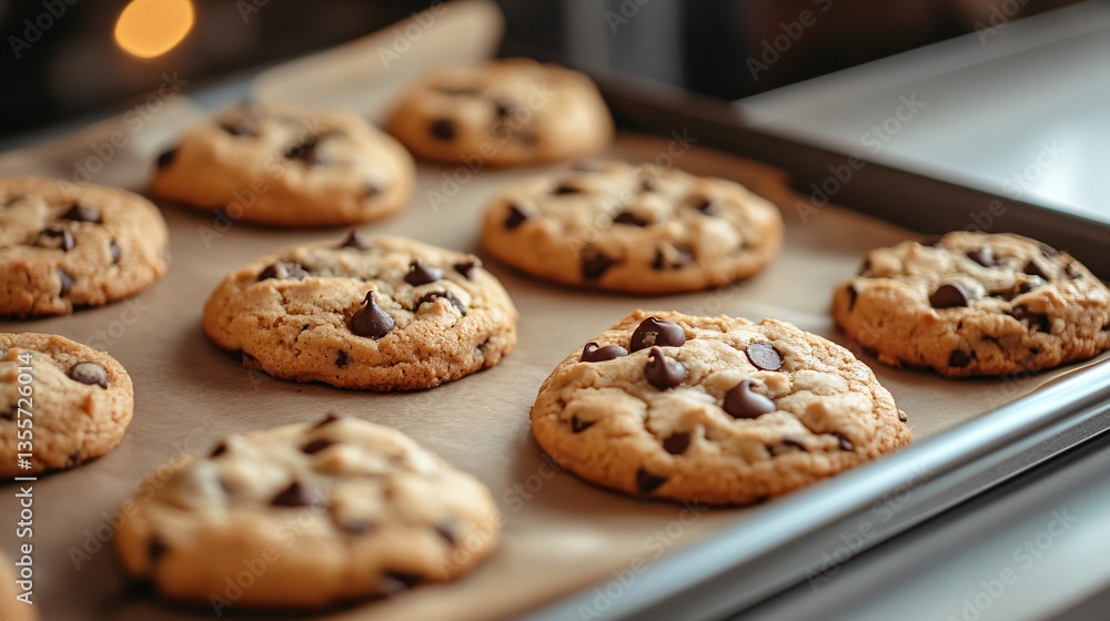 Golden Brown Chocolate Chip Cookies on Baking Sheet Golden Brown Chocolate Chip Cookies on Baking Sheet