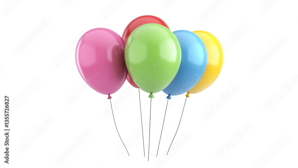 a cheerful arrangement of five colorful balloons including pink green red blue and yellow floating gently against a plain white background evoking a sense of celebration and joy a cheerful arrangement of five colorful balloons including pink green red blue and yellow floating gently against a plain white background evoking a sense of celebration and joy