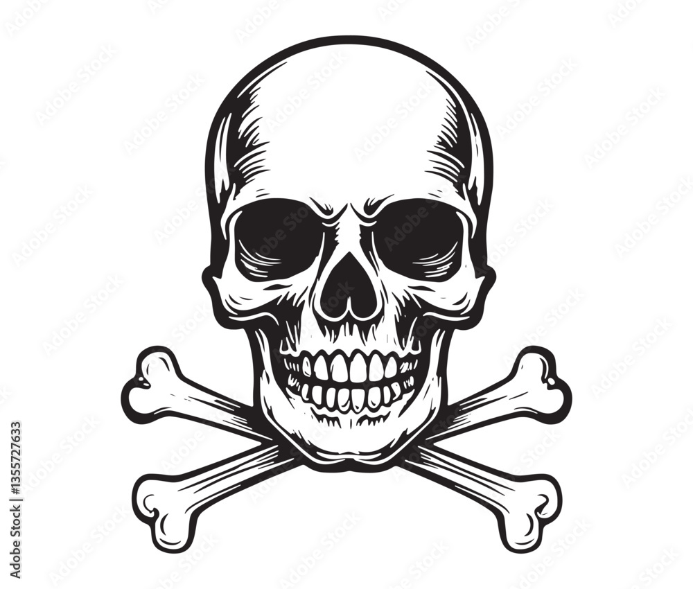 Silhouette Skull And Crossbones On Black. Spooky Skull & Bones Illustration for T-Shirts Silhouette Skull And Crossbones On Black. Spooky Skull & Bones Illustration for T-Shirts