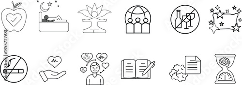 Healthy lifestyle and wellness outline icons set with transparent background — no smoking, no alcohol, meditation, self-care, journaling, mental clarity