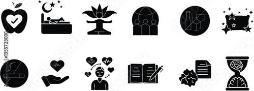Healthy lifestyle and wellness flat icons set with transparent background — no smoking, no alcohol, meditation, self-care, journaling, mental clarity