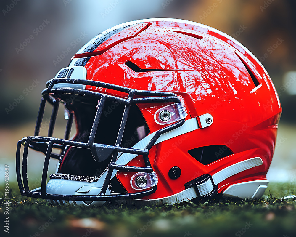 Fototapeta premium Wet Football Helmet on Grass.