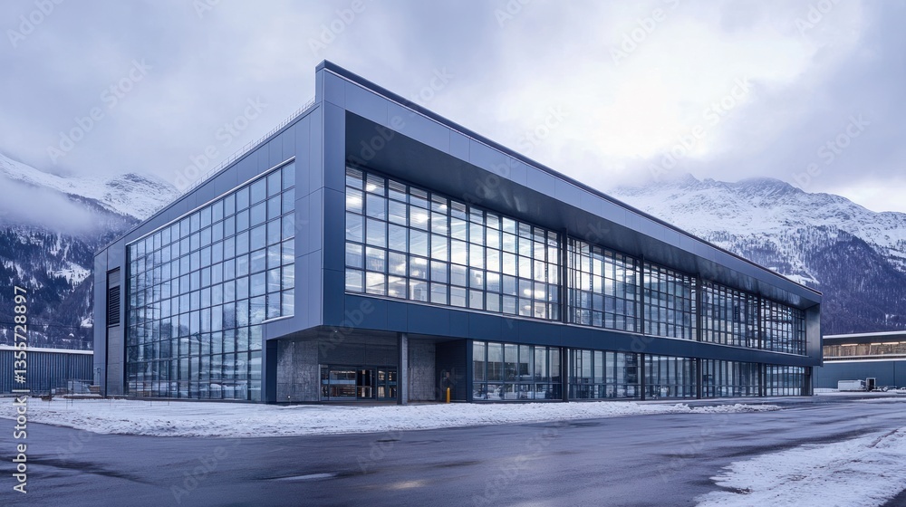 Modern glass and steel building in snowy mountain landscape. Modern glass and steel building in snowy mountain landscape.