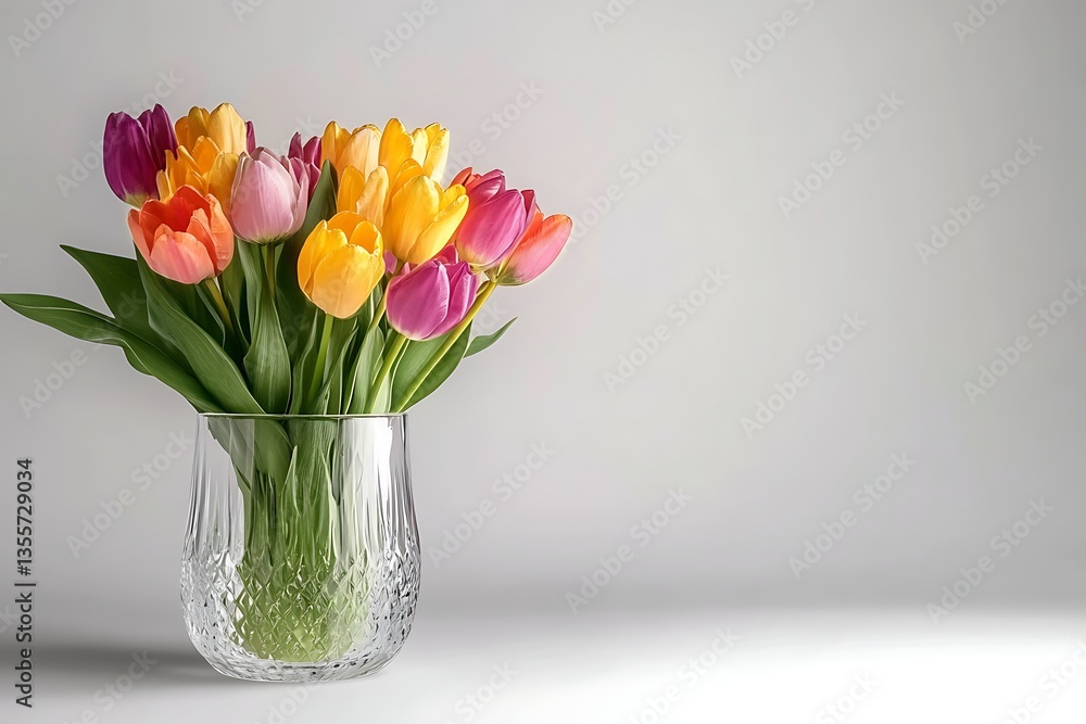 Colorful tulips arrangement in glass vase on a plain white surface, Spring seasonal close up Colorful tulips arrangement in glass vase on a plain white surface, Spring seasonal close up