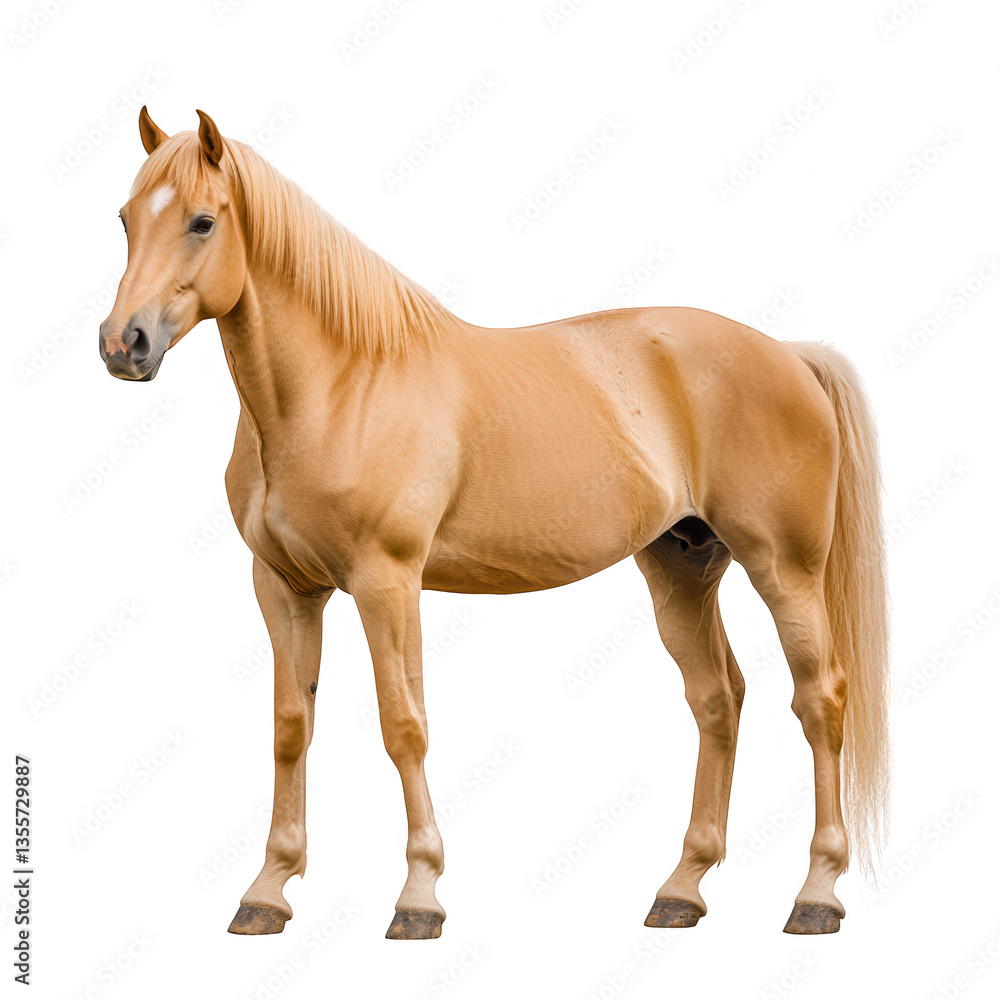Fototapeta premium a light-colored horse stands gracefully on a white background showcasing its sleek body and flowing mane embodying beauty and strength