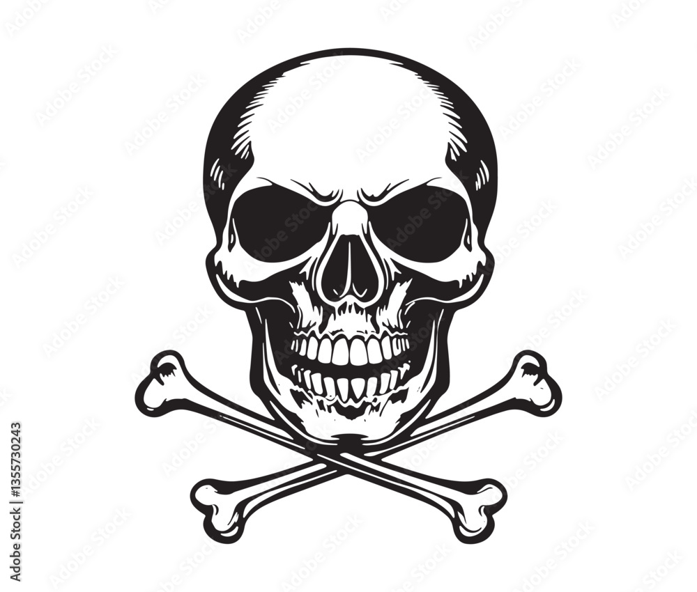 Silhouette Skull And Crossbones On Black. Spooky Skull & Bones Illustration for T-Shirts