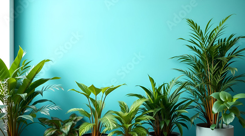 Potted plants sit in a row against a blue wall, lit by sunlight.