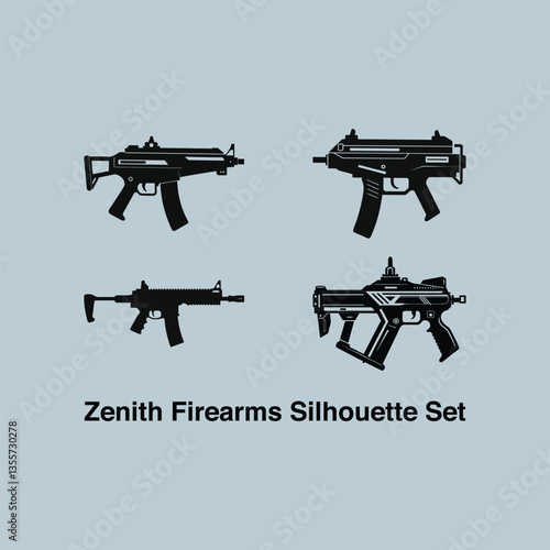 Vector illustration of various guns and firearms silhouette set