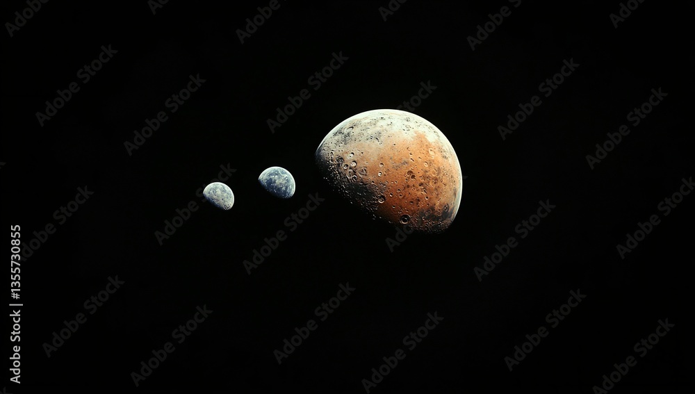 A mesmerizing view of celestial bodies in the vast expanse of space. The dominant planet, with its rusty hues and craters, is accompanied by two smaller, lighter-colored celestial bodies. A mesmerizing view of celestial bodies in the vast expanse of space. The dominant planet, with its rusty hues and craters, is accompanied by two smaller, lighter-colored celestial bodies.