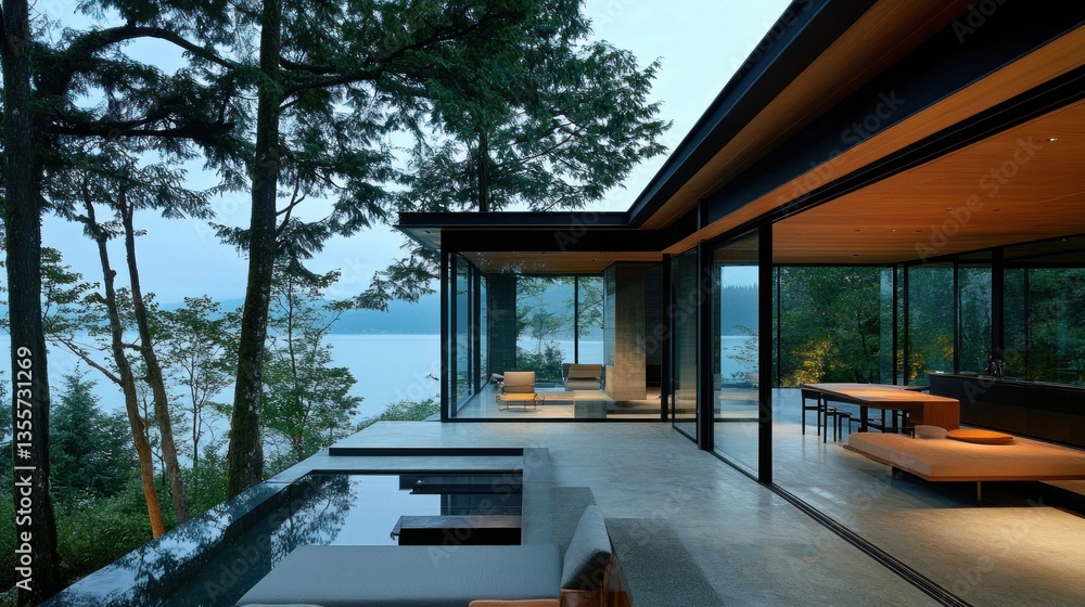 Fototapeta premium Modern glass house with infinity pool overlooking lake at dusk.
