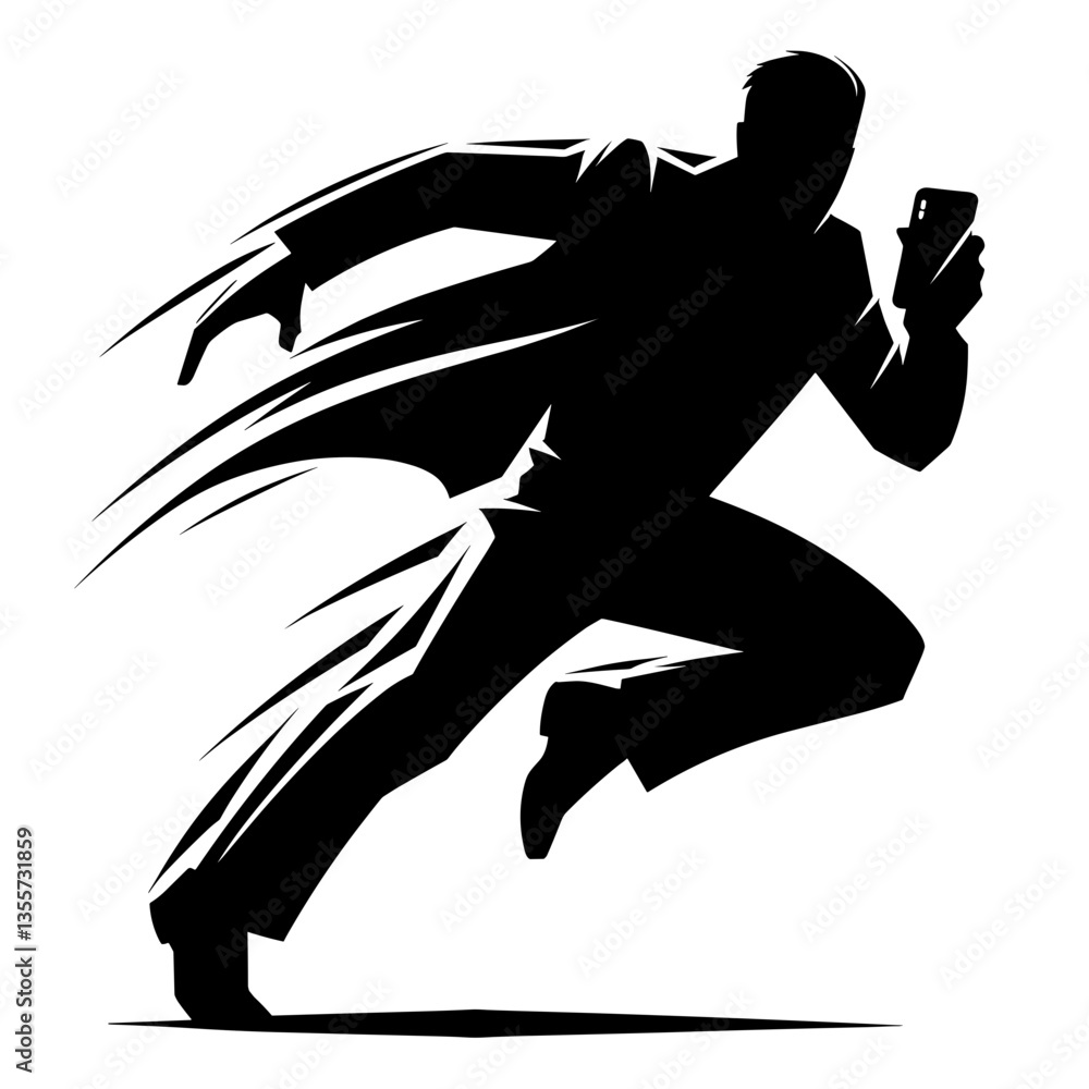 Businessman running with smartphone escaping scam danger Businessman running with smartphone escaping scam danger