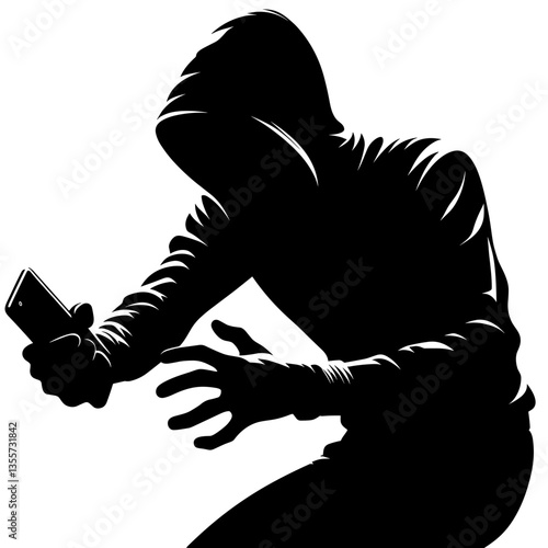 Hooded hacker with phone preparing for fraudulent call