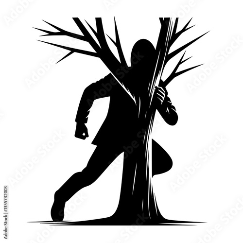 Hooded scammer hiding behind tree symbolizing stealth fraud