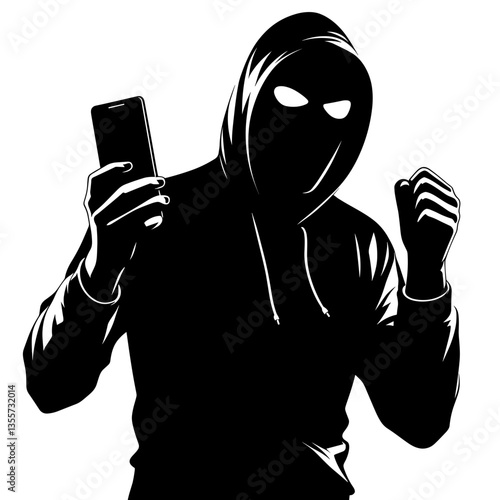 Masked scammer holding phone celebrating fraud success
