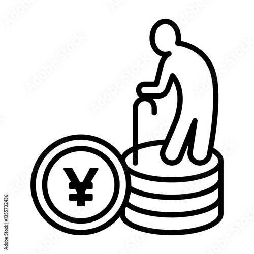 Retirement benefits image icon. There are stacks of yen  coins and a person with a cane.