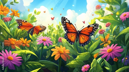 Monarch Butterflies in a Vibrant Flower Garden
