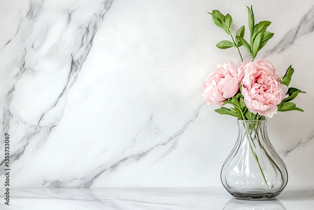 Fototapeta premium Pink peonies in glass vase against white marble background, floral arrangement