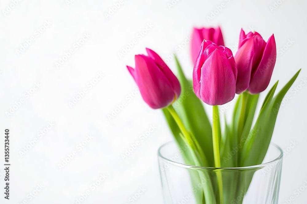Fototapeta premium Vivid pink tulips in a glass vase, studio shot with white background. Floral art for spring
