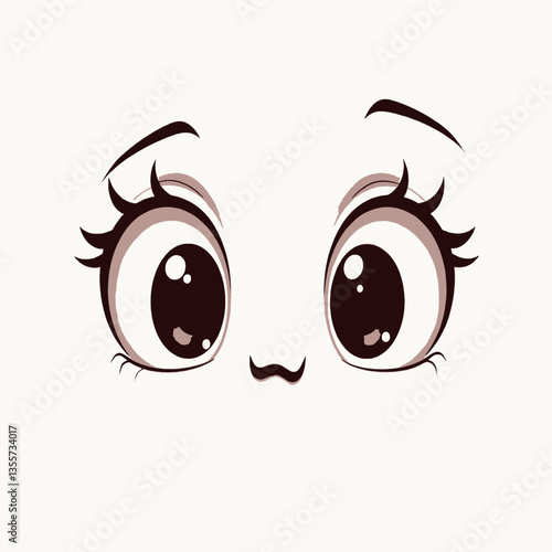 Adorable wide cartoon eyes paired with small rounded nose on blank background. Emotion expression concept
