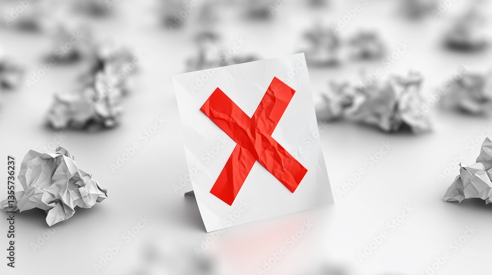 Crumpled paper with exaggerated claims and red X mark on white desk, symbolizing false advertising and deceptive marketing practices. Concept of truth in advertising and consumer protection.