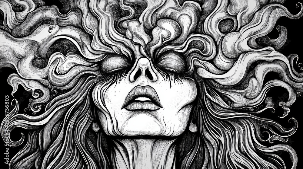 Surreal line art of woman with flowing hair Surreal line art of woman with flowing hair