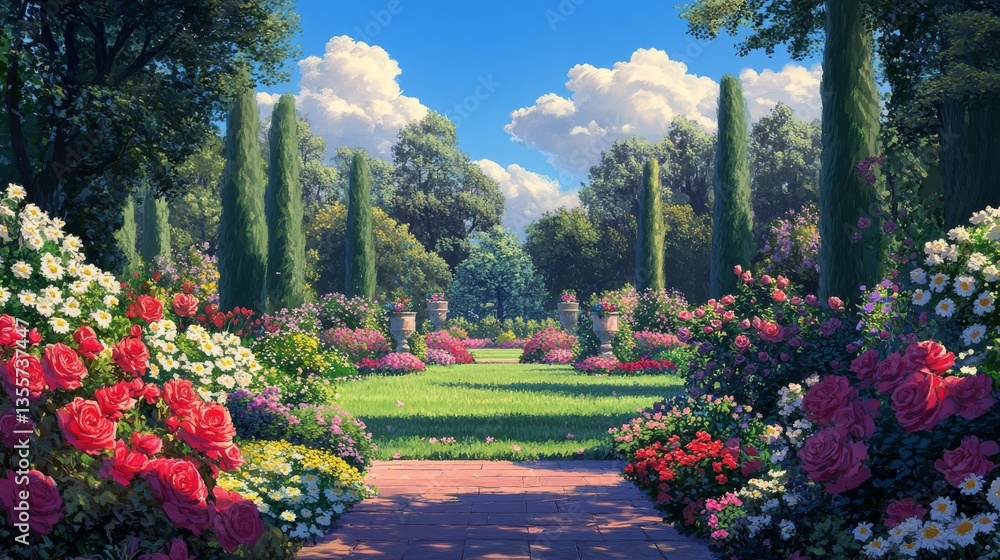 26.A vibrant summer garden bursting with colorful blooms of roses, daisies, and tulips, set against a backdrop of dense green shrubs and towering trees under a clear blue sky. 26.A vibrant summer garden bursting with colorful blooms of roses, daisies, and tulips, set against a backdrop of dense green shrubs and towering trees under a clear blue sky.