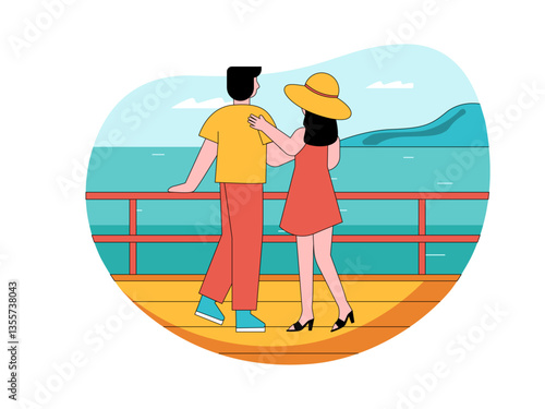 Couple dating at harbour port Illustration. Yacht illustration. Flat vector illustration concept.