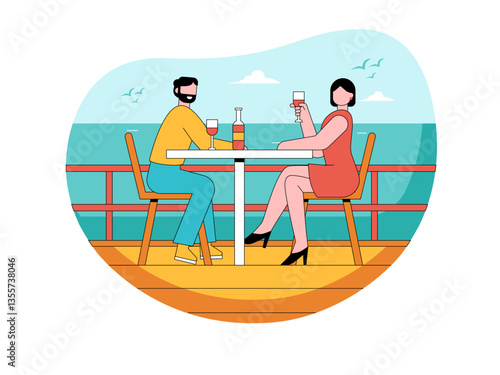 Couple dating at harbour port Illustration. Yacht illustration. Flat vector illustration concept.