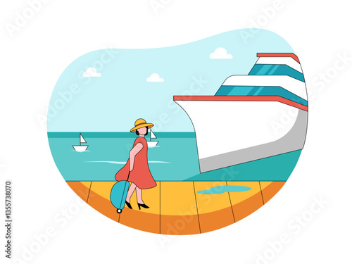 Woman standing at harbour port Illustration. Yacht illustration. Flat vector illustration concept.