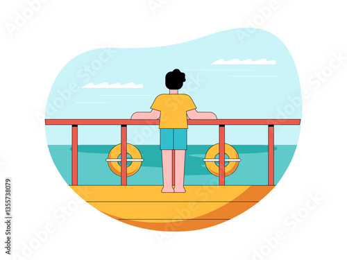 Man standing at harbour port Illustration. Yacht illustration. Flat vector illustration concept.