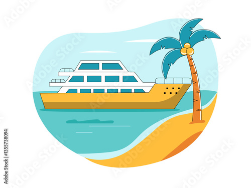 Yacht on beach illustration. Yacht illustration. Flat vector illustration concept.