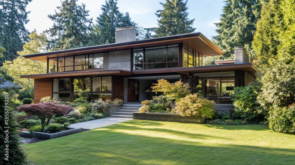 Modern house with large windows, nestled amongst lush greenery and manicured lawn. Modern house with large windows, nestled amongst lush greenery and manicured lawn.