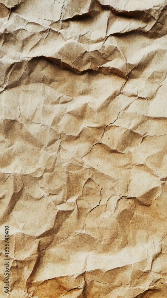 Textured surface of crumpled light brown paper with pronounced creases and shadows, providing a vintage look. Textured surface of crumpled light brown paper with pronounced creases and shadows, providing a vintage look.