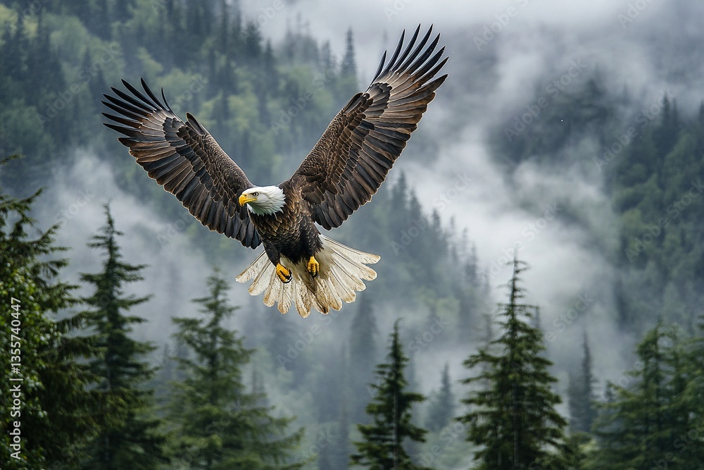 Fototapeta premium Majestic bald eagle in flight, wings spread wide against a misty mountain forest backdrop. A powerful symbol of freedom and nature.