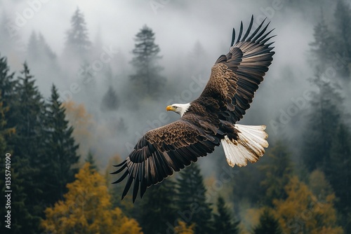 Majestic bald eagle in flight, wings spread wide against a misty forest backdrop. A breathtaking display of power and grace.