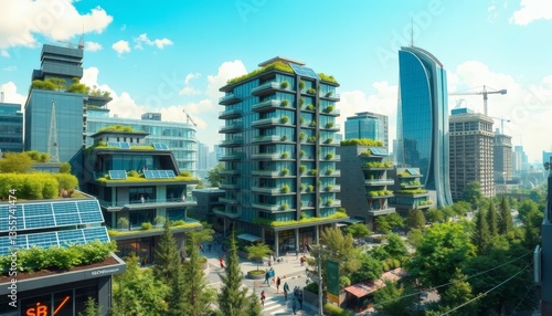Sustainable City Buildings with Green Roofs and Solar Panels Under Clear Blue Sky