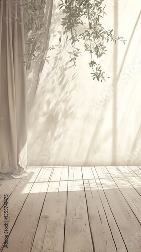 Serene room with soft lighting, a light curtain, plants, and a textured wall and wooden floor.