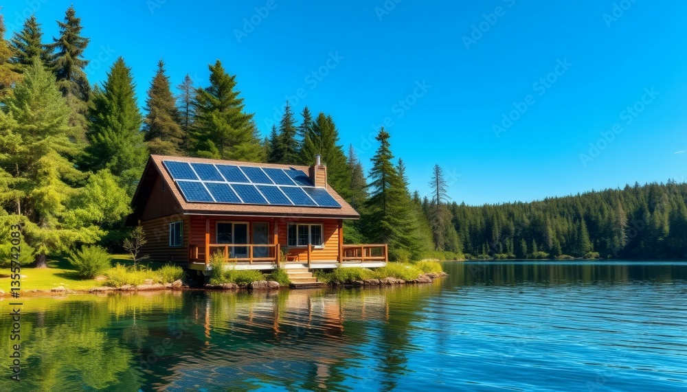 Obraz premium Serene Lake Cabin with Solar Panels Surrounded by Lush Green Trees Under Clear Sky