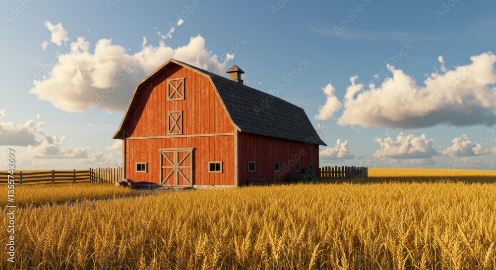Red Barn in Golden Wheat Field at Sunset Red Barn in Golden Wheat Field at Sunset